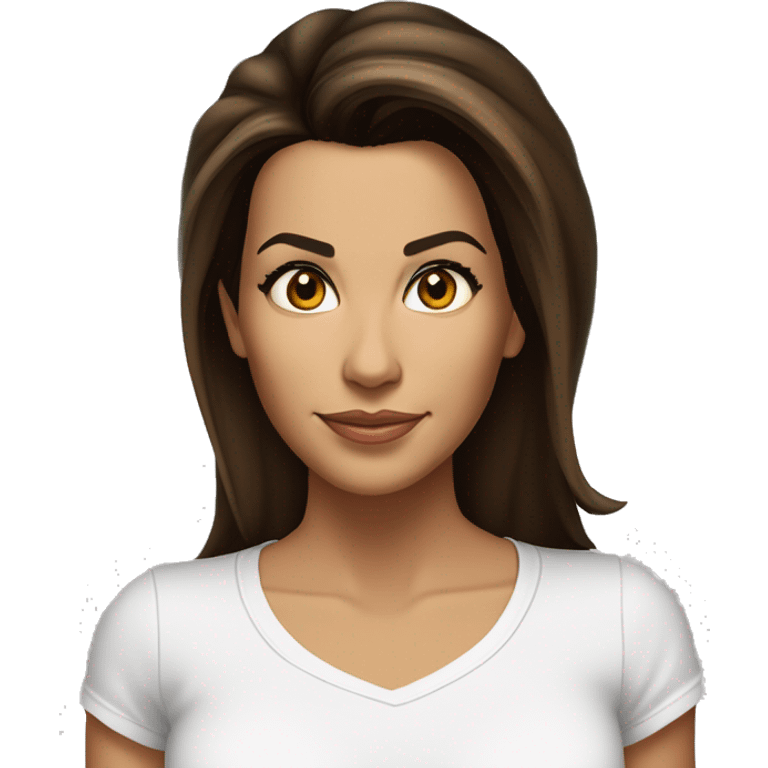 3/4 face, contrasted, shadow, light, Eva Longoria expression, standing from a distance, thin nose, brunette woman, hazel eyes, long eyelashes, dark shoulder shaded hair, white t-shirt, jeans, white sneakers emoji