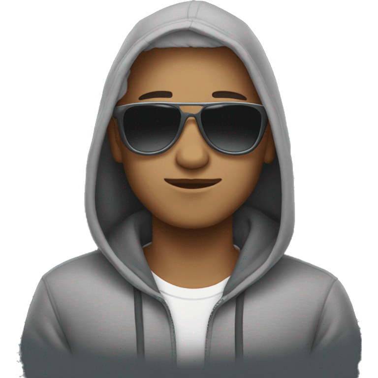 Person in grey hoodie wearing sunglasses emoji