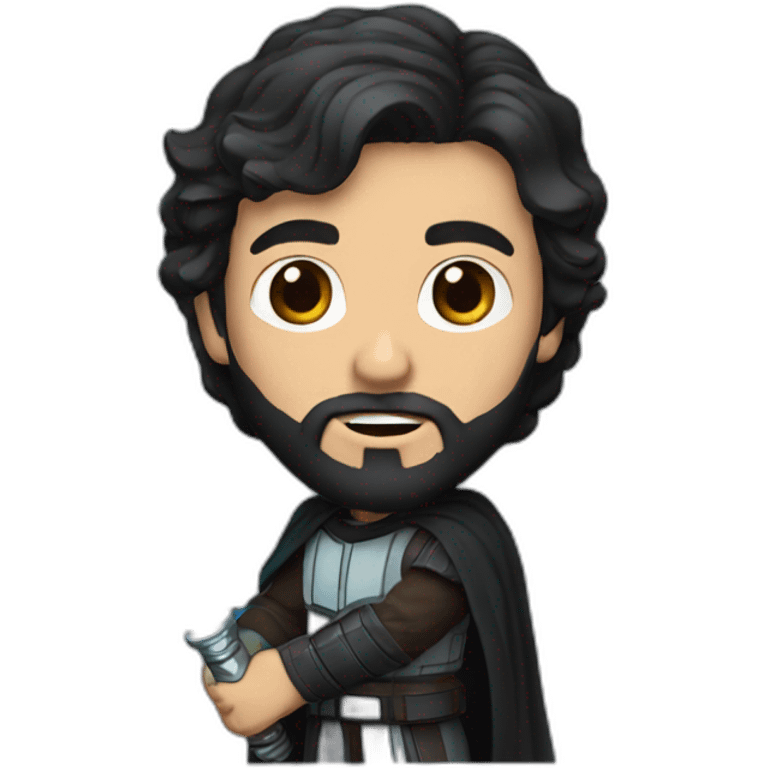 A white Portuguese with black and medium-length hair and a beard holding a lightsaber emoji