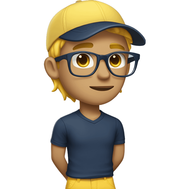 15 year old boy growing yellow hair & yellow eyebrows, wearing polo navy blue t shirt, yellow cap, rayban glasses, light blue pants, black nike gaming shoes, headphones, apple watch & holding iPhone emoji