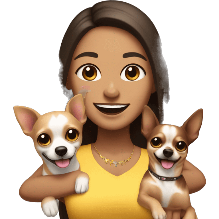 light skin rave woman with long dark brown hair expressing joy alongside a light brown chihuahua emoji