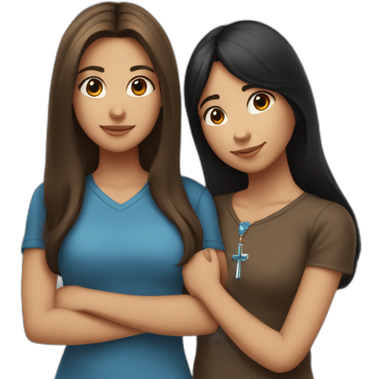 one girl with long brown hair wearing a cross necklace and one girl with medium black hair wearing a blue shirt hugging emoji