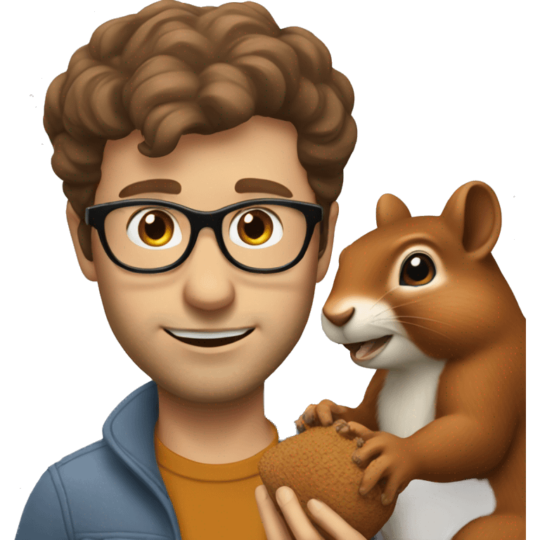 A man with brown hair, glasses and fair skin, feeds a squirrel emoji