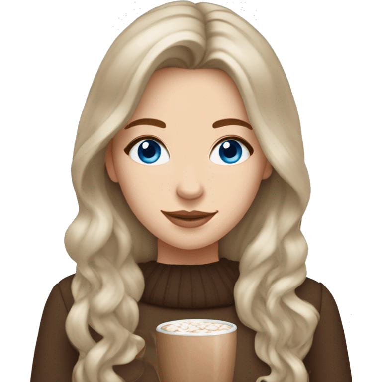 white girl with brown long hair, blue eyes and a hot chocolate emoji