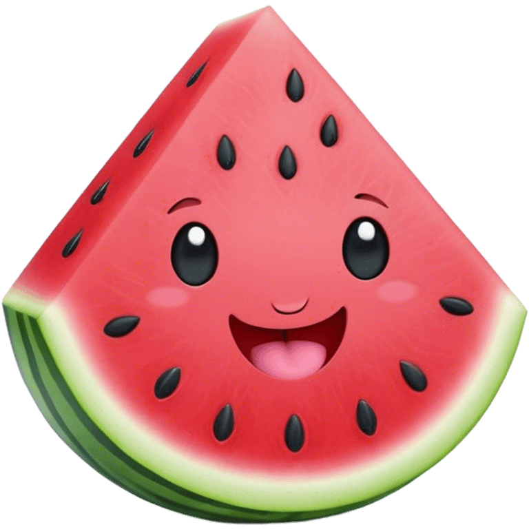 Cute Kawaii Watermelon Slice, juicy and vibrant, soft pastel green rind with pink flesh, tiny black seeds shaped like hearts, an adorable happy face with cute round eyes, bursting with summer energy! emoji