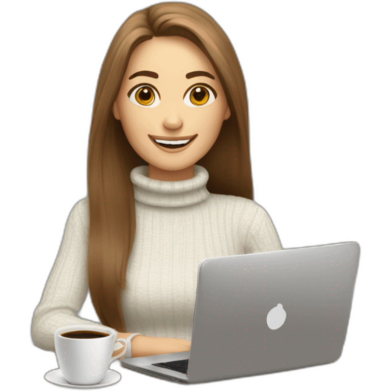 smiling without showing teeth woman with pale skin middle brown long straight hair with a laptop and a coffee mug wearing a white woolly shirt with a turtle neck emoji