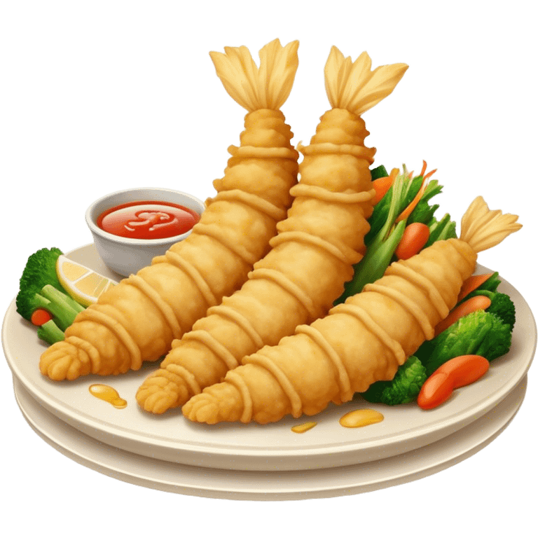 Cinematic Realistic Tempura Dish Emoji, depicted as lightly battered and fried seafood and vegetables rendered with delicate textures and crisp, inviting lighting. emoji