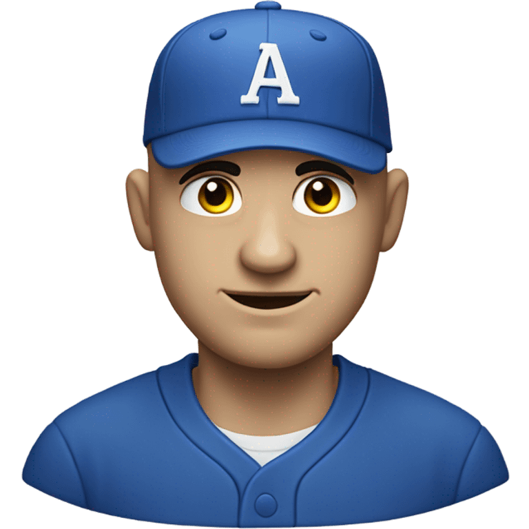 White bald man, giving an evil smirk in a blue baseball hat cocked up into the side emoji