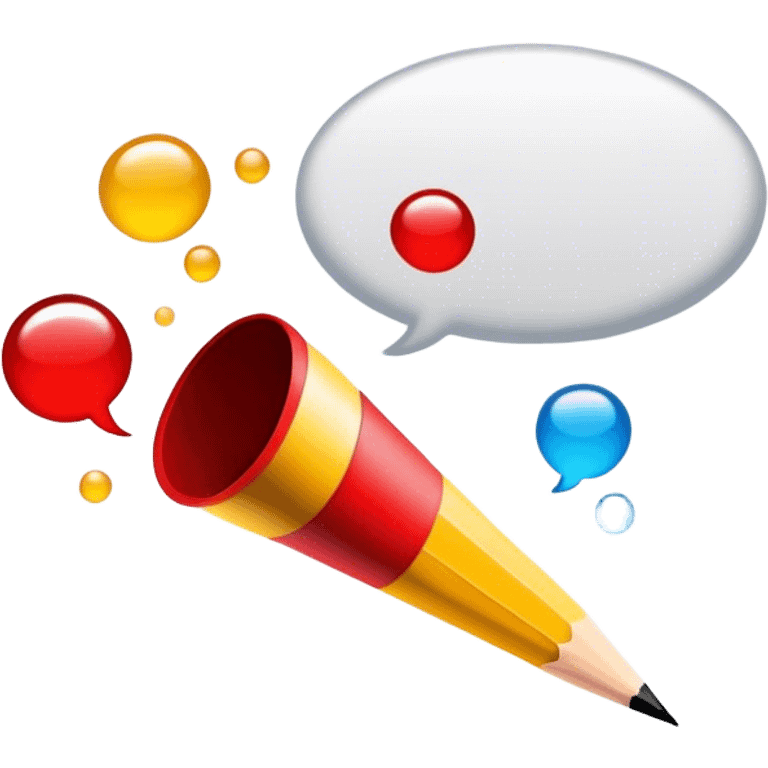 Create a vibrant and focused emoji representing writing text for comic books. The design should feature an open comic book with visible speech bubbles and text lines. A pencil or quill (without a hand) should be shown writing or sketching text into the bubbles. The background should show subtle comic panels with empty spaces awaiting dialogue, emphasizing the writing process. Use a mix of bright and bold colors like black, red, and yellow to convey creativity and energy. The overall design should evoke the art of storytelling through text in comic books. Make the background transparent. emoji