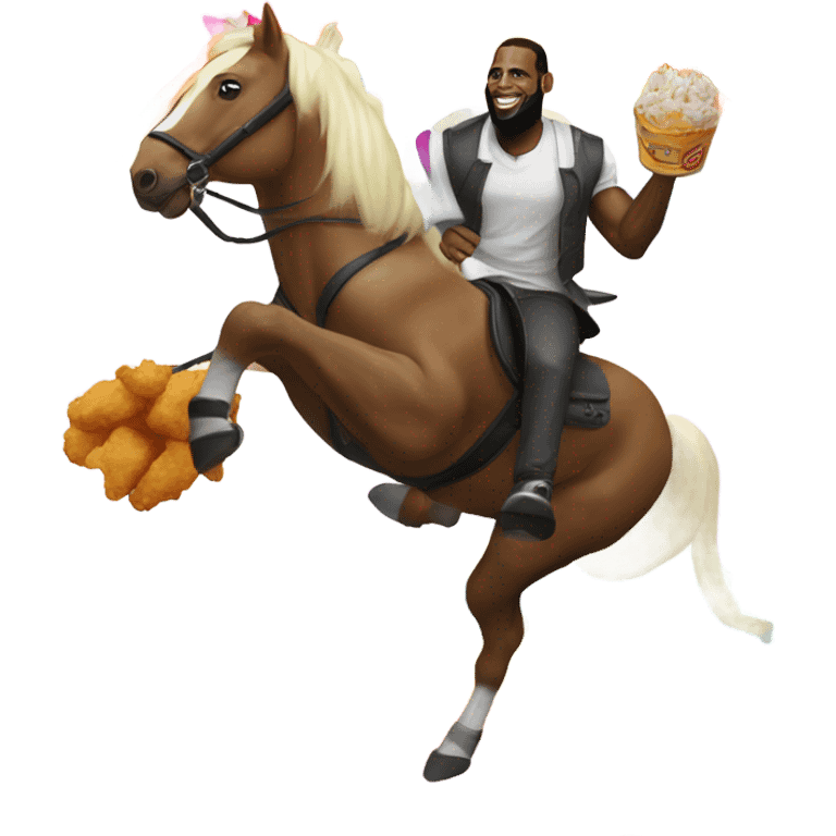 LeBron riding a pony over a rainbow eating fried chicken emoji