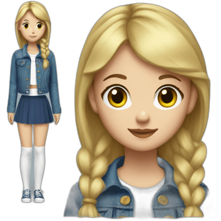 Blonde girl with bang and short pony tail, in blue denim jacket, white T-shirt, green tights and elongated blue chiffon skirt emoji