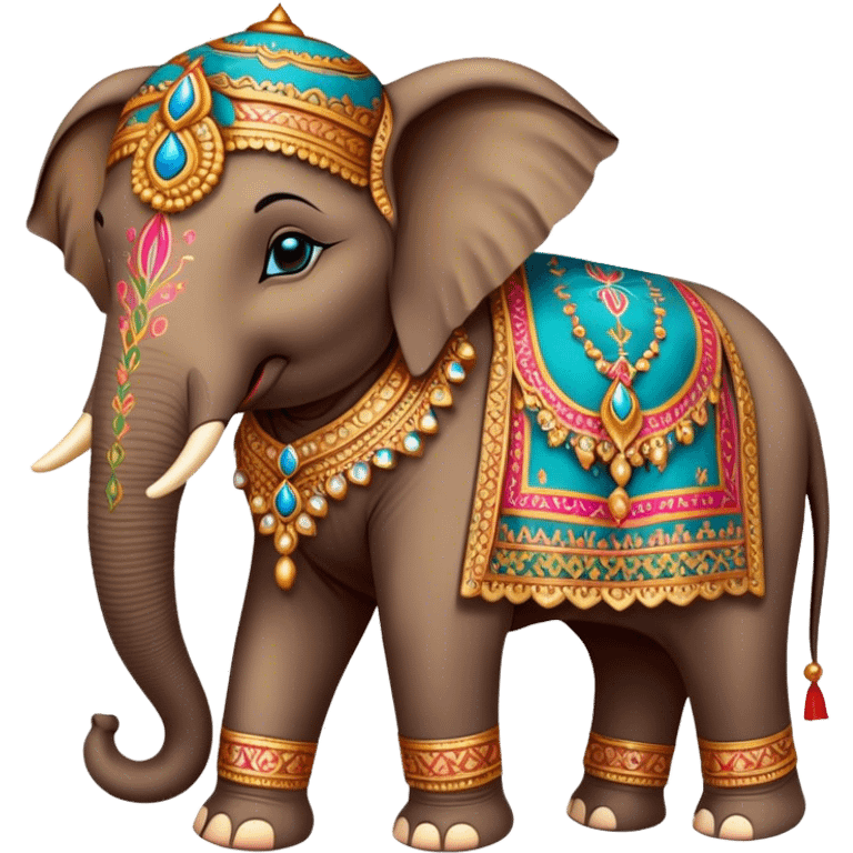 Decorated Indian elephant – Cinematic Realistic Decorated Indian Elephant, depicted as a majestic elephant adorned with vibrant, ornate ceremonial decorations and rich, colorful fabrics, set against a festive Indian backdrop with warm golden lighting that highlights its cultural significance. emoji