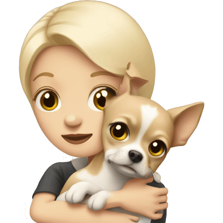 pale-haired girl with short hair hugging chihuahua emoji