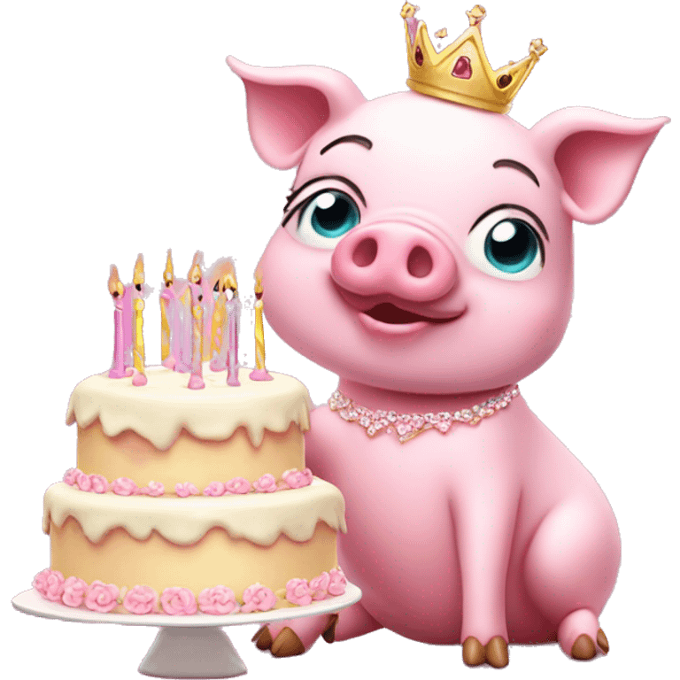 Pink pig in tutu and tiara with birthday cake  emoji