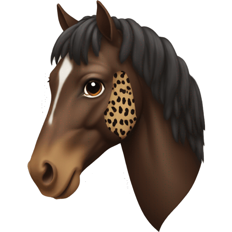 dark brown horse wearing a leopard print ear bonnet emoji