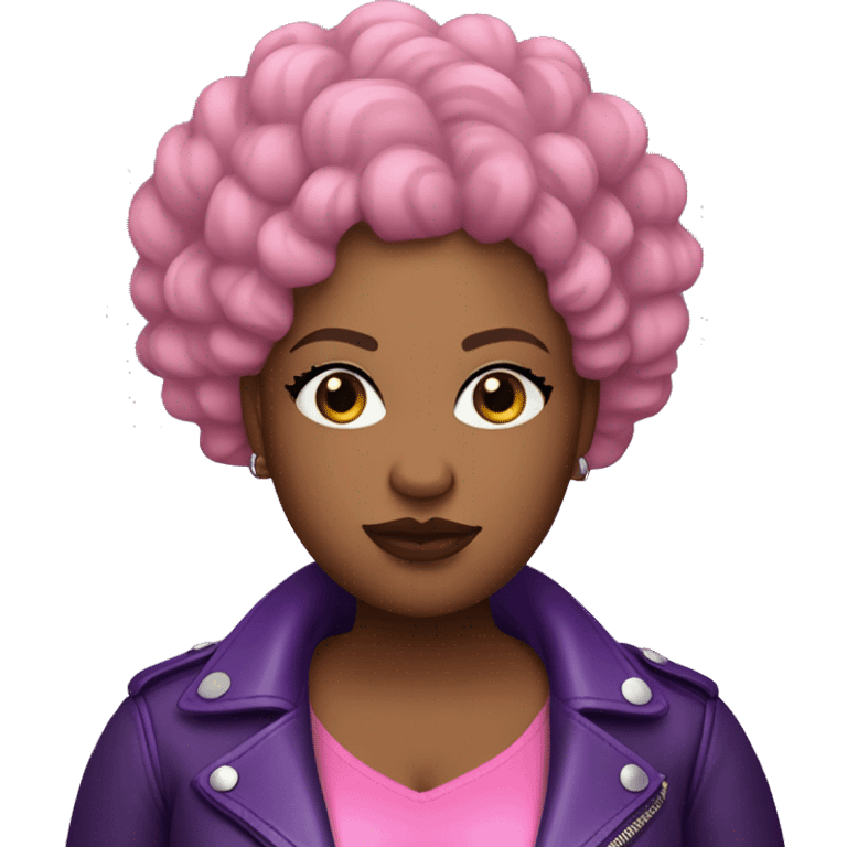 Plus size black woman with bald short pink curly hair and a purple leather biker jacket with makeup on face. emoji