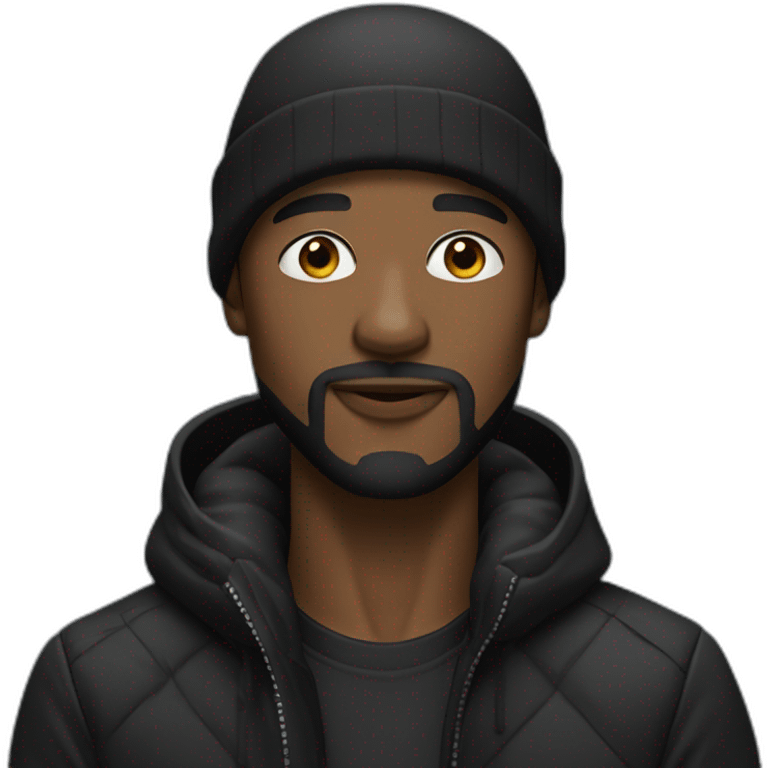 Black man with big nose and little black beard wearing a black durag and puffer jacket emoji