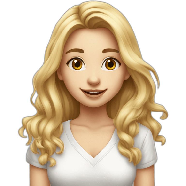 Описание 1girl, solo, long hair, looking at viewer, smile, blonde hair, shirt, holding, closed mouth, white shirt, lips, tattoo, realistic, print shirt emoji