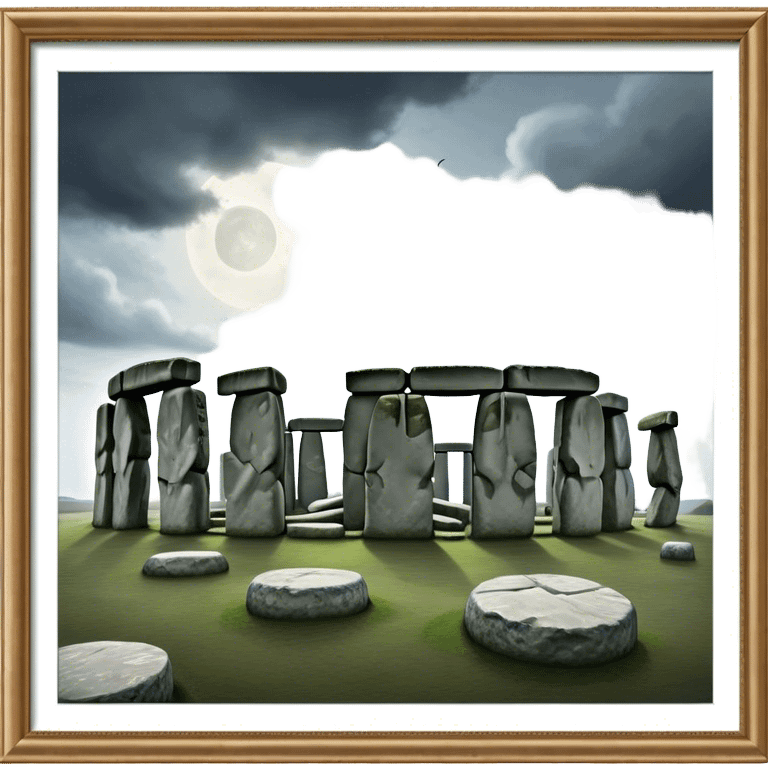 Cinematic Realistic Stonehenge Landscape Emoji, depicted with ancient, mysterious stone circles set against a moody sky, rendered with atmospheric lighting and detailed textures that evoke its prehistoric allure. emoji