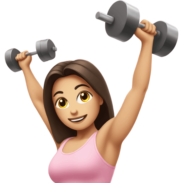 Pretty brunette lifting weights above head in light pink  emoji