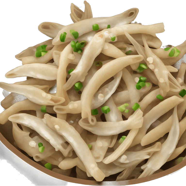 the Korean side dish stir-fried anchovies. Include a small fish, soy sauce bottle, garlic cloves, and sesame seeds in a bowl. emoji