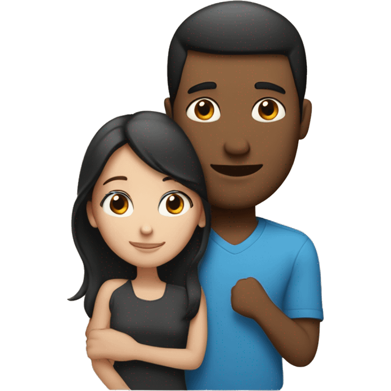 Couple embracing with arms around each other; white woman with blue eyes and brown hair, Indian man with black hair  emoji