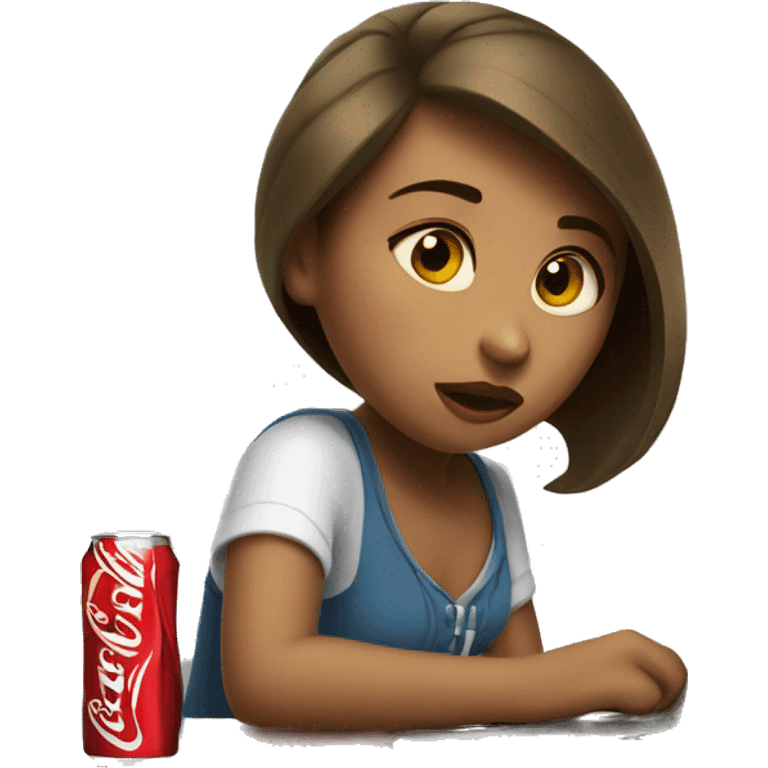 tired girl with laptop drinking coca-cola emoji