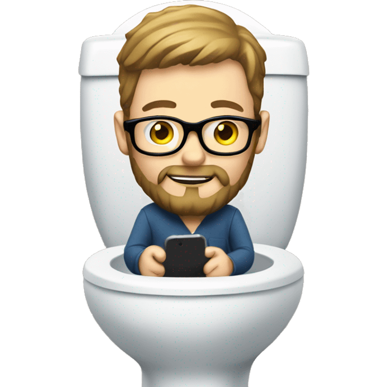 White man with a beard and glasses sitting on the toilet holding a phone emoji