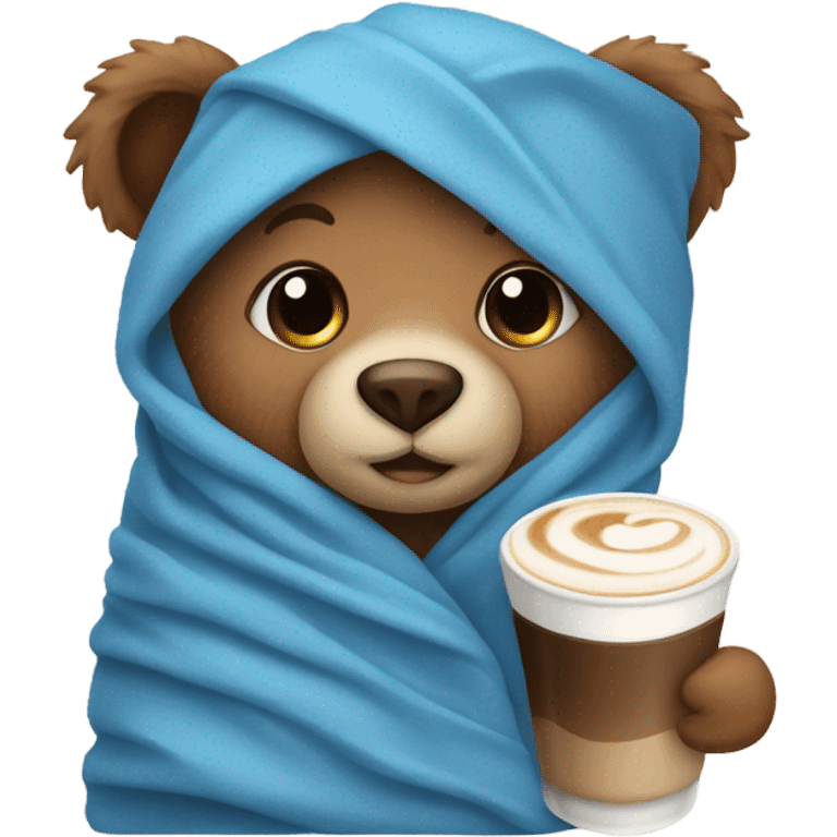 A cute Little Bear in a blue blanket with Latte macchiato  emoji