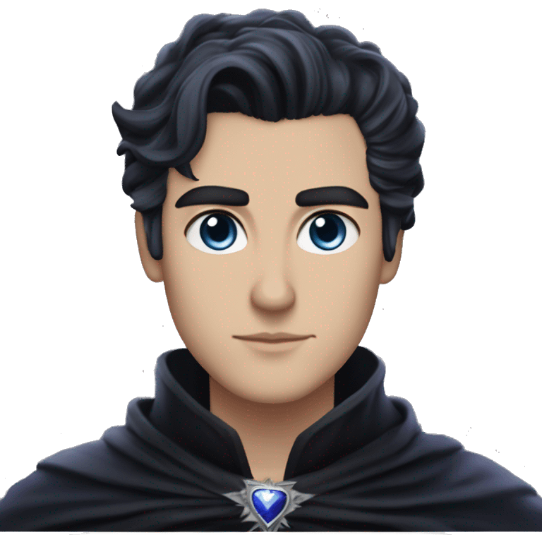 Rhysand has straight short blue-black hair, like a raven's feathers and violet eyes with flecks of silver like starlight, he wears a black cloak and a black and silver crown emoji