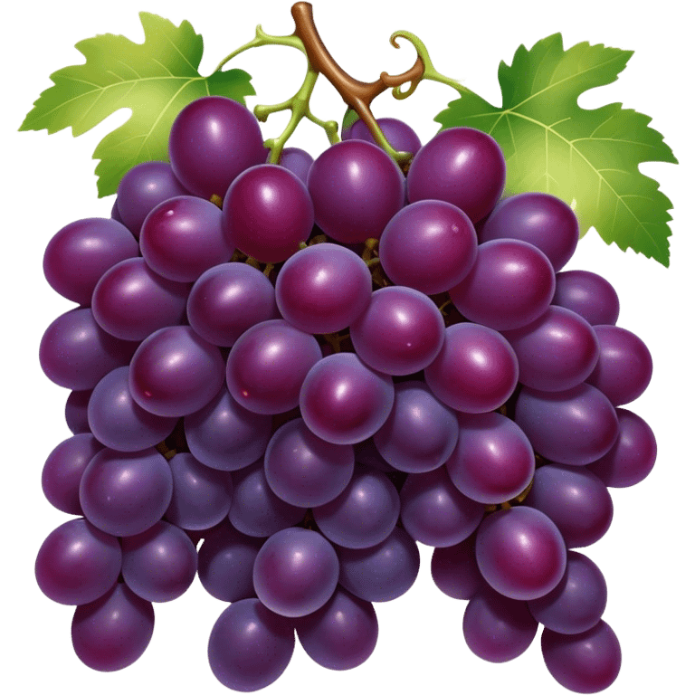 Cinematic Realistic Grapes Emoji, Clustered together in rich purple hues, with smooth, plump skins reflecting light in a glossy, delicate sheen. The stems curve slightly, holding the clusters together like a sweet, natural treasure. Soft glowing outline, capturing the essence of natural sweetness and richness in a bunch of ripe grapes! emoji