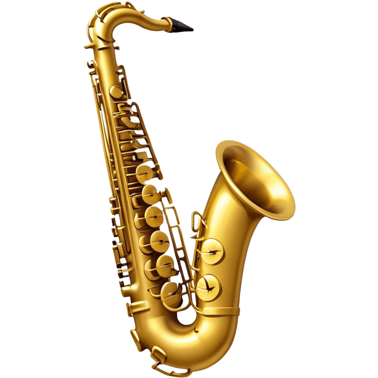 Create a sleek and sophisticated emoji representing a saxophone. The design should feature the shiny, golden body of the saxophone, with its smooth curves and metal keys clearly visible. Include subtle details like the mouthpiece with the reed and the bell at the end of the instrument. The keys should be delicately arranged, capturing the intricacy of the instrument. Use warm golden tones for the saxophone and add small musical notes floating around to evoke the smooth, soulful sound of the saxophone. The background should be transparent. emoji