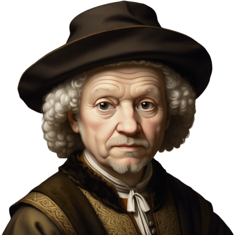 Cinematic Realistic portrait of Rembrandt, shown as a master artist with deep, introspective eyes and richly detailed period clothing, rendered with dramatic chiaroscuro lighting that emphasizes his legacy emoji