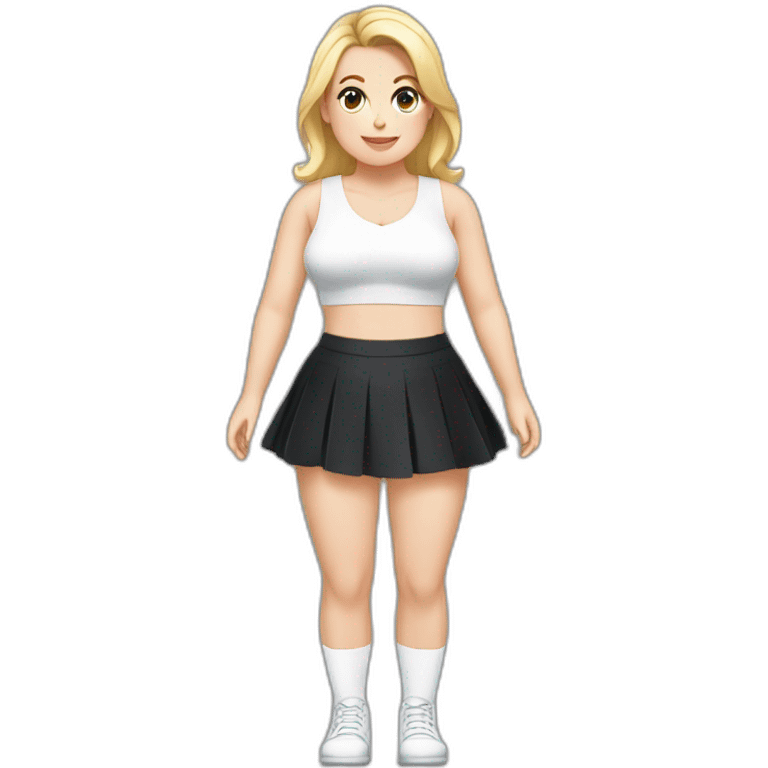 Front view full body curvy caucasian beauty sitting straight hands up black skirt white knickers white socks emoji