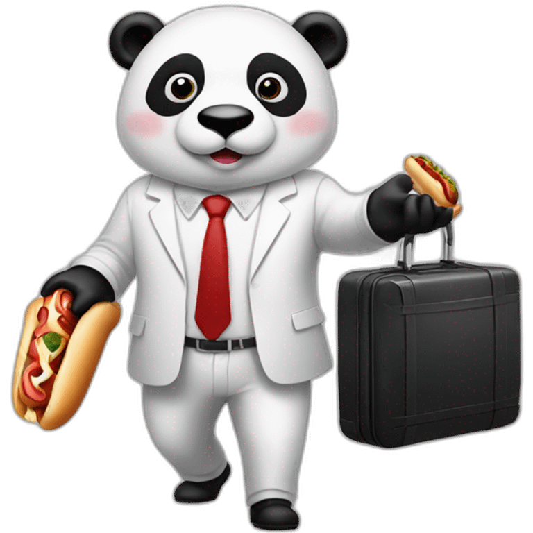 A man with white suit and red tie and a panda face eating a hotdog and holding a black suitcase emoji