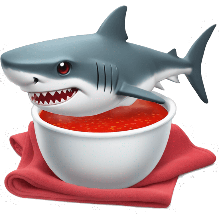 a shark eating red soup with white round pieces floating in it. the shark has a towel on his head and his mouth is watering at the sight of food emoji