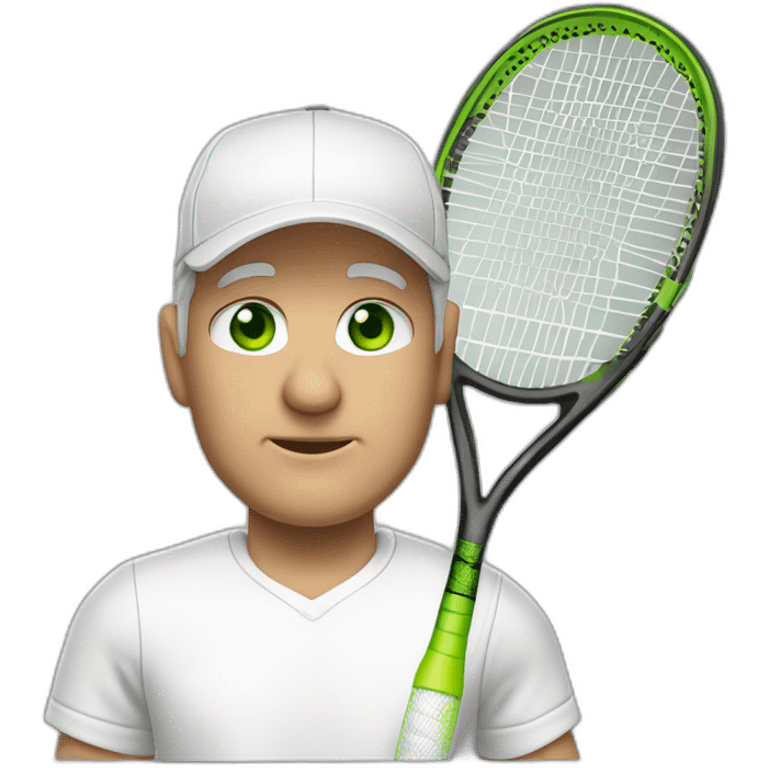 Tennisplayer white-male in his 50s,Green-eyes, gray-hear, white cap and white-shirt with tennis-raquet and tennis-ball emoji