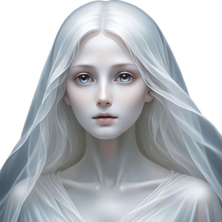 Cinematic Noble Ghost Portrait Emoji, Ethereal and dignified, with a flowing, translucent form in silvery-white hues, wispy and majestic, and a calm, otherworldly expression with deep, thoughtful eyes, simplified yet sophisticated features, highly detailed, glowing with a soft, spectral radiance, high shine, exuding regal mystery and quiet authority, with a soft glowing outline that captures the essence of a ghostly guardian drifting from another realm! emoji