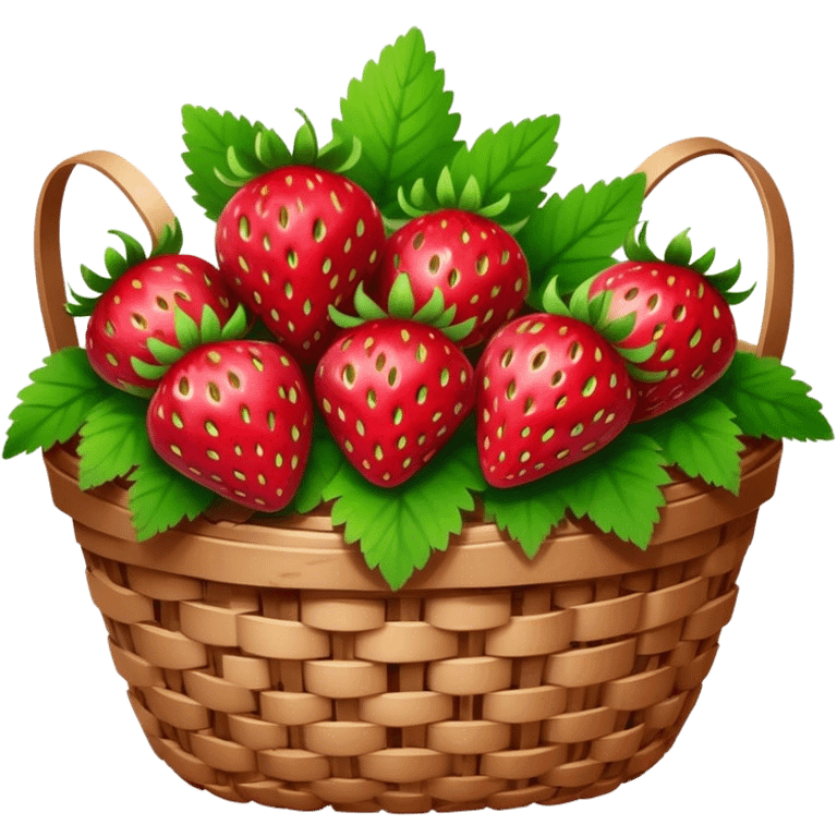 Cinematic ripe strawberrie, deep red, glossy with tiny seeds, green leaves still attached, gathered in a rustic basket, warm glowing background, fresh and sweet. emoji