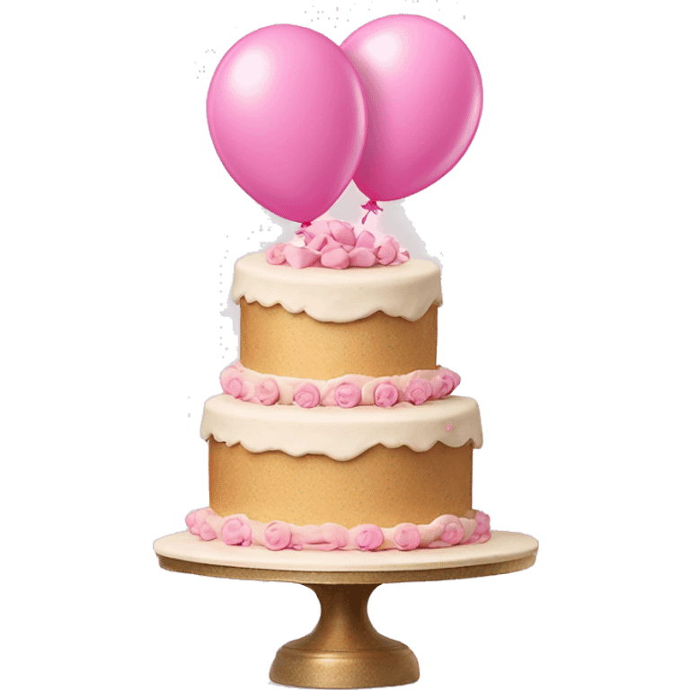 3 tier cake with bows and vintage frosting design  with pink balloons floating in background  emoji