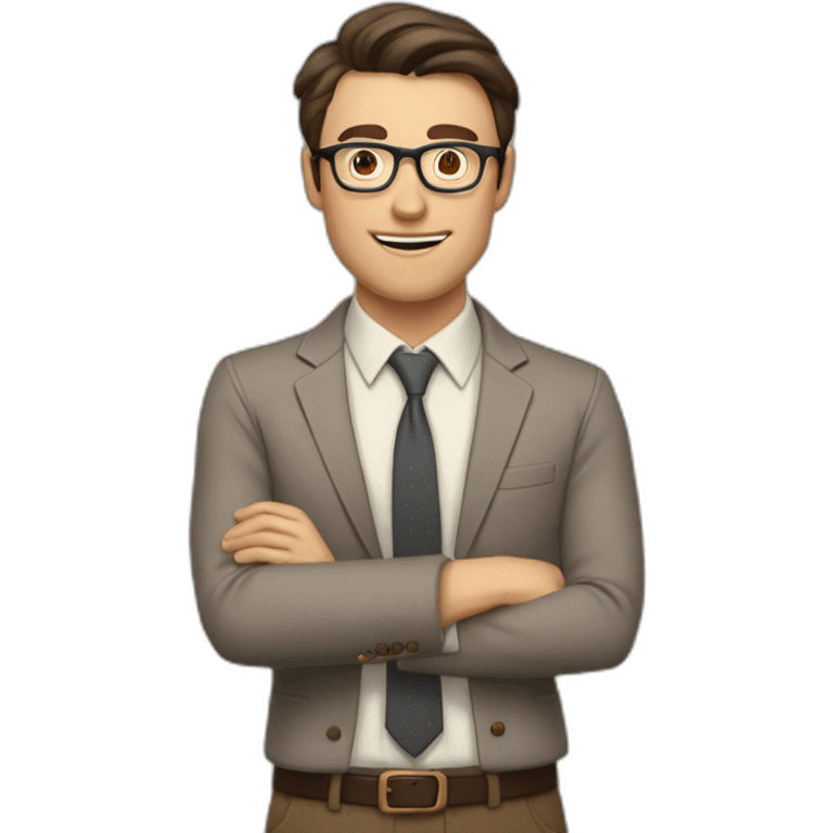 To belt Actively gesturing with hands Okay Pale skinned fit man with dark brown hair in gray jacket, beige office shirt, brown tie, brown pants and vintage glasses. emoji