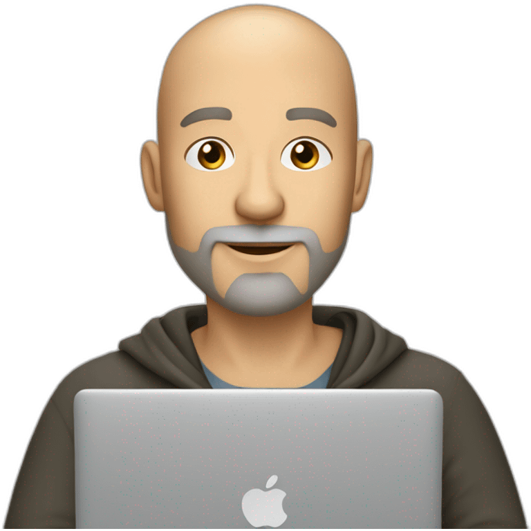 A 44-year old white male developer with shaved head and gray beard sitting with macbook emoji