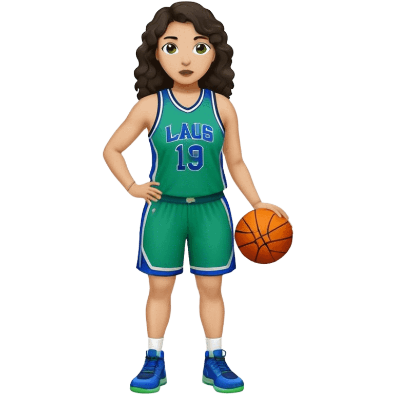 full body plus size light skin latino women basketball player with wavy dark hair large widenose wearing blue and green uniform emoji