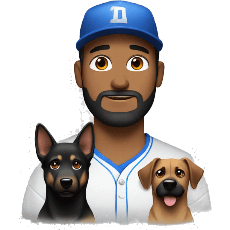 white male with blue eyes, a black beard and a baseball hat alongside a black and brown german shepherd  emoji