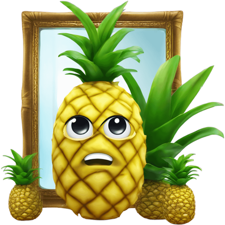 3D elegant pineapple🍍  with big shiny eyes 👀 pineapple holds mirror with its reflection 🪞🍍 emoji