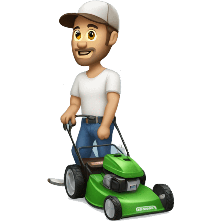 man with brown hair, a baseball hat, mowing the lawn, talking on the phone  emoji