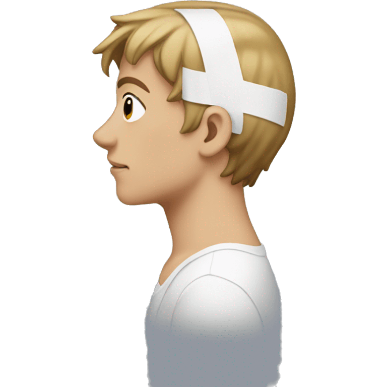 A side profile of a young man with a white bandaid all over their ear emoji