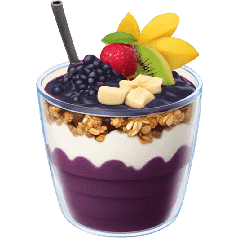 Açaí in a clear cup with layers of fruits and granola and condensed milk emoji