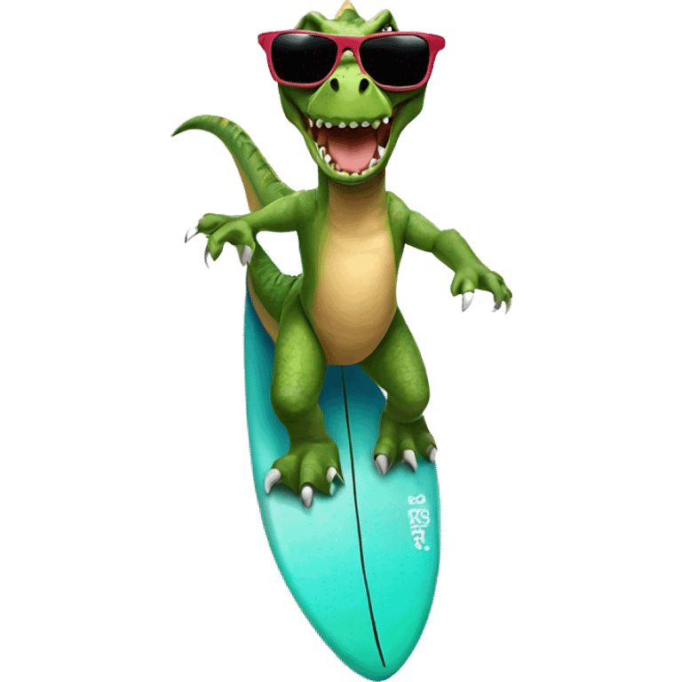 Dinosaur riding a surfboard with sunglasses emoji