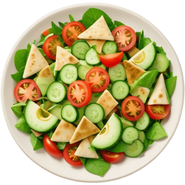 Cinematic Realistic Fattoush Salad Dish Emoji, depicted as a colorful medley of greens, tomatoes, cucumbers, and crispy pita rendered with vibrant textures and refreshing lighting. emoji